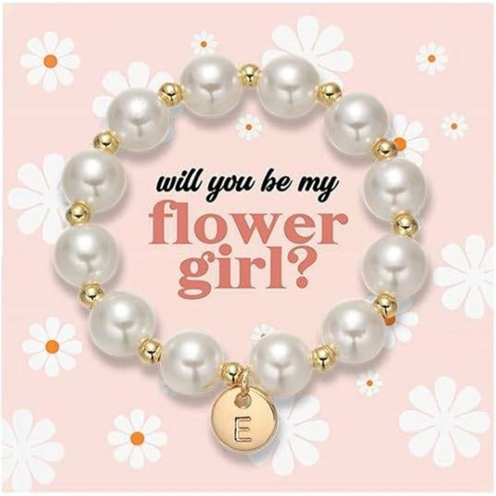 GINAZL Initial Pearl Bracelet Letter E Flower Girl Proposal Gift Set Card Pouch